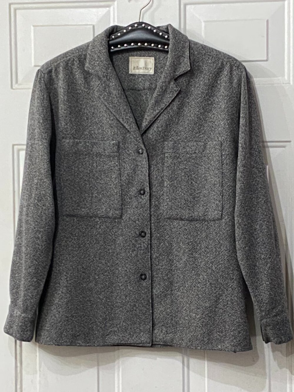 Vtg Ellen Tracy Womens Sz 8 Jacket Shirt Gray Long Sleeve Chest Pockets